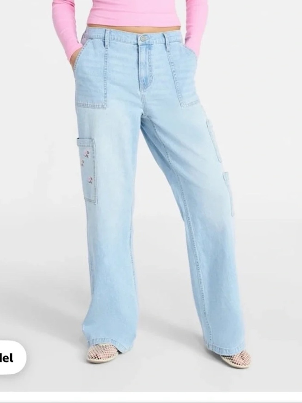 Light Blue Wide-Leg Cargo Jeans - Women's